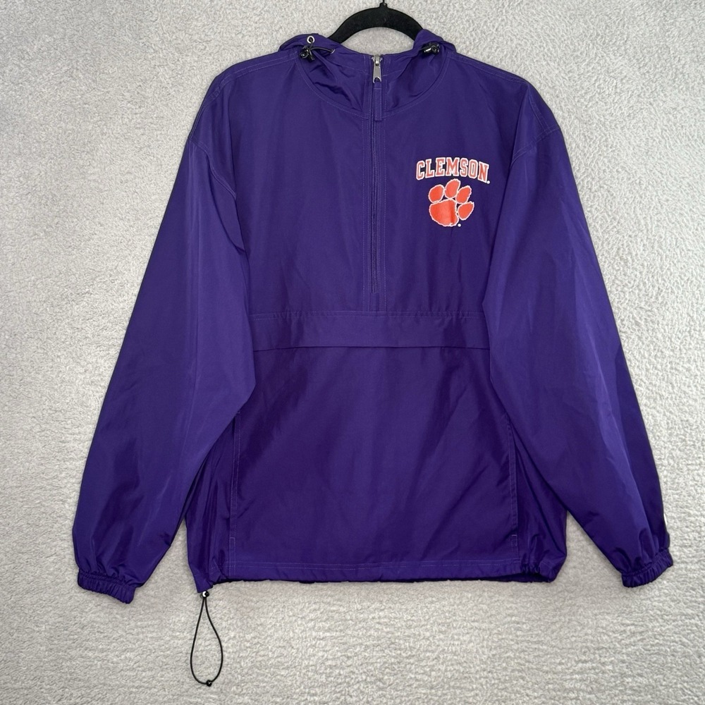 Clemson Tigers Champion Rain Windbreaker Jacket Mens M Purple Hooded Anorak Logo
